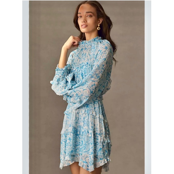 Brand New By Anthropologie Long-Sleeve Backless Sheer Ruffle Mini Dress - Picture 12 of 12